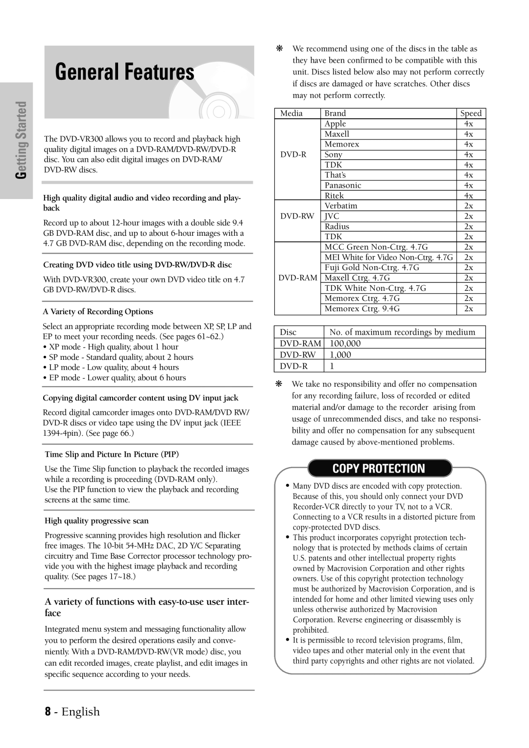 Samsung DVD-VR300 instruction manual General Features 