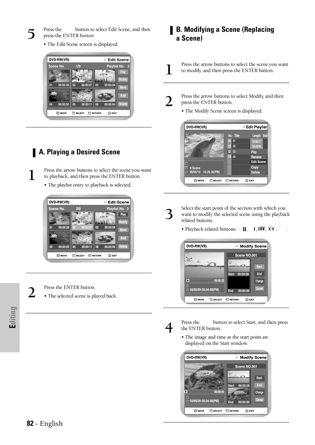 Samsung DVD-VR300 instruction manual Modifying a Scene Replacing a Scene, Playing a Desired Scene 