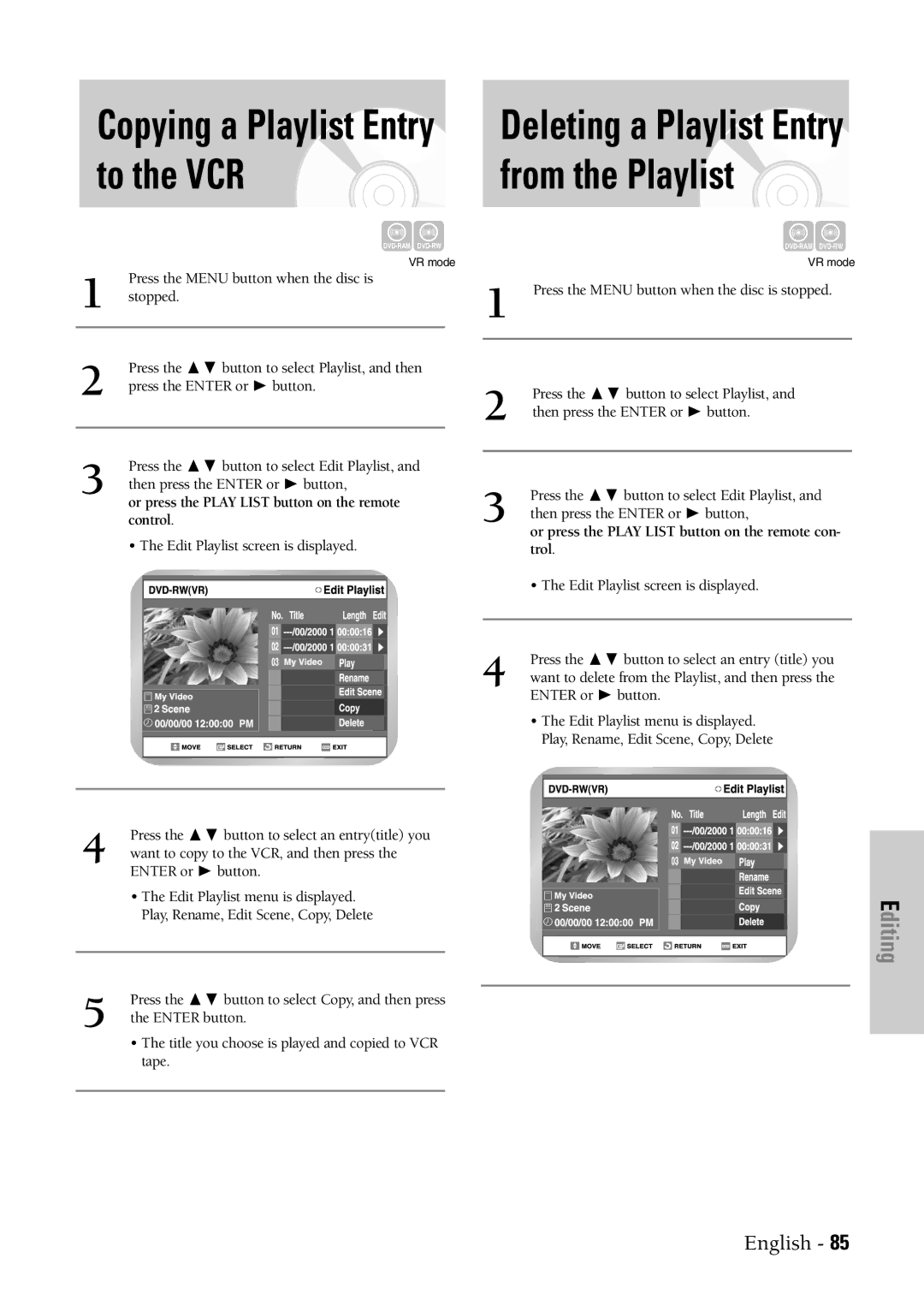 Samsung DVD-VR300 Press the Menu button when the disc is, Stopped, Or press the Play List button on the remote control 