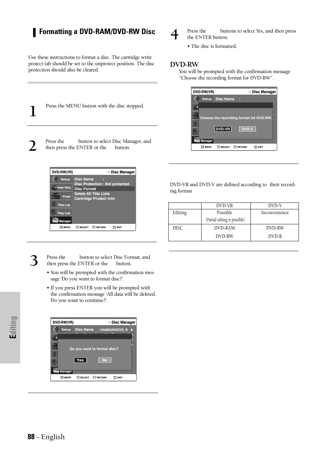 Samsung DVD-VR300 instruction manual Disc is formatted, Editing 