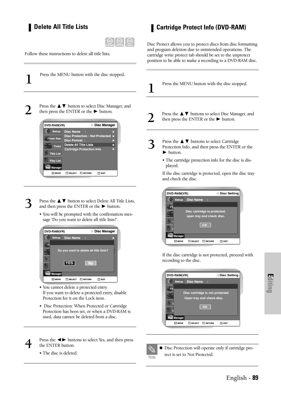 Samsung DVD-VR300 instruction manual Delete All Title Lists Cartridge Protect Info DVD-RAM 