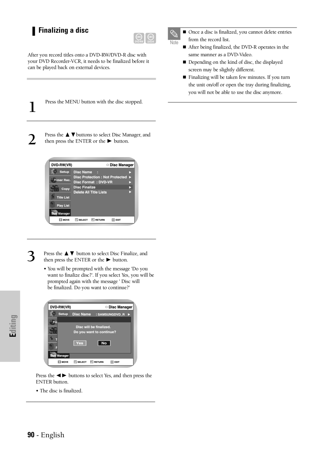 Samsung DVD-VR300 Finalizing a disc, Once a disc is finalized, you cannot delete entries, From the record list 