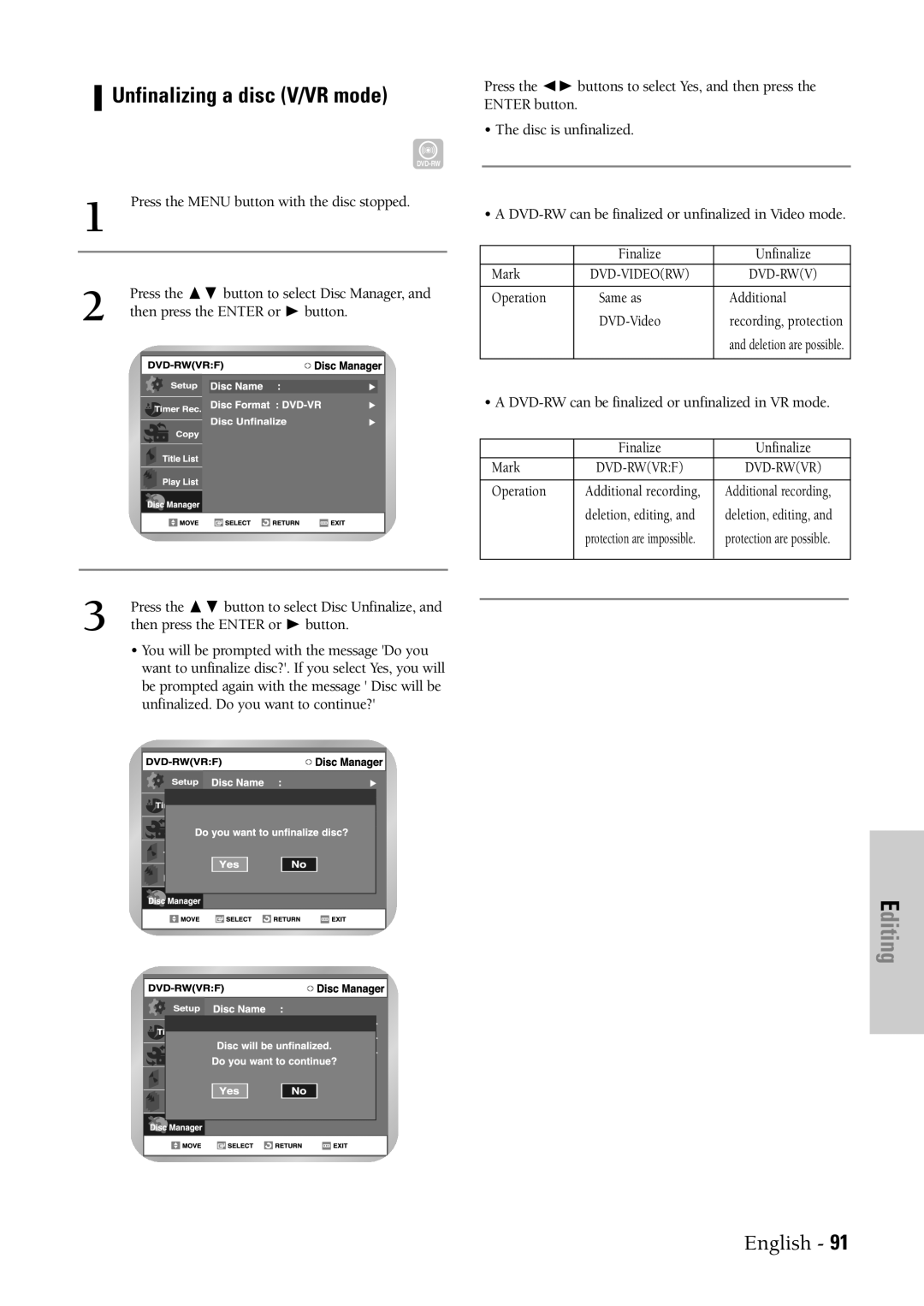 Samsung DVD-VR300 instruction manual Unfinalizing a disc V/VR mode, Operation Same as Additional DVD-Video 