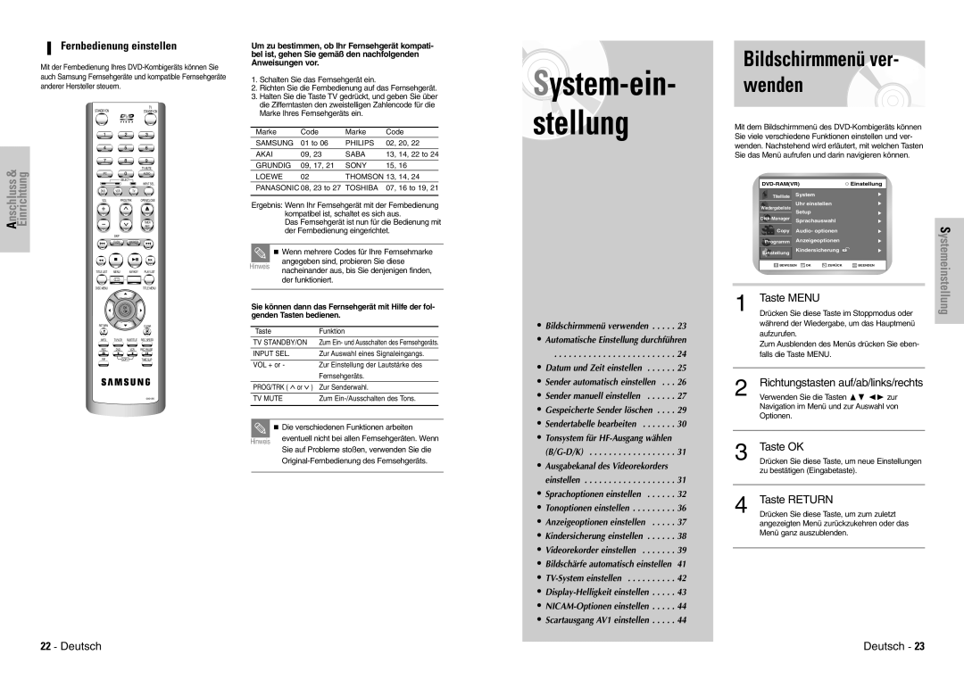 Samsung DVD-VR300E/COM, DVD-VR300E/XEG manual Fernbedienung einstellen, Taste Menu, Taste OK, Taste Return 