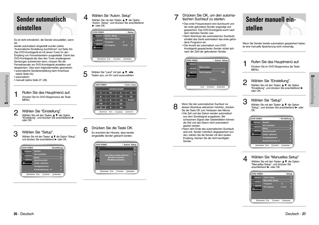 Samsung DVD-VR300E/COM, DVD-VR300E/XEG manual Sender automatisch einstellen 