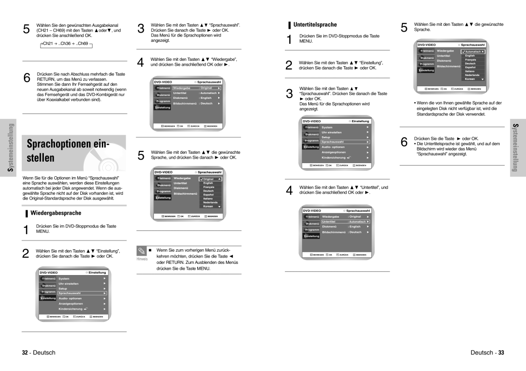 Samsung DVD-VR300E/XEG, DVD-VR300E/COM manual Untertitelsprache, Wiedergabesprache 