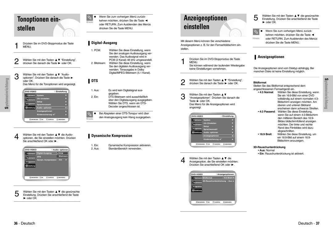 Samsung DVD-VR300E/XEG, DVD-VR300E/COM manual Tonoptionen ein, Stellen, Anzeigeoptionen einstellen, Ystemeinrichtung 