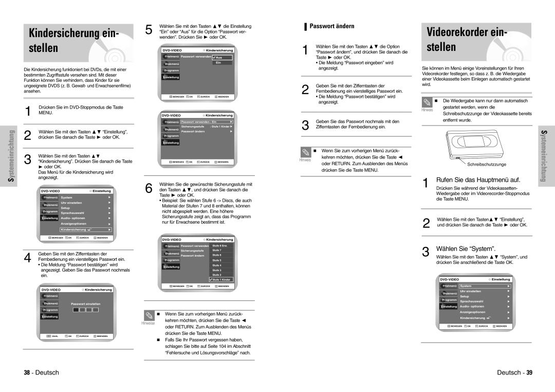 Samsung DVD-VR300E/COM, DVD-VR300E/XEG Passwort ändern, Wählen Sie mit den Tasten, Drücken Sie anschließend die Taste OK 