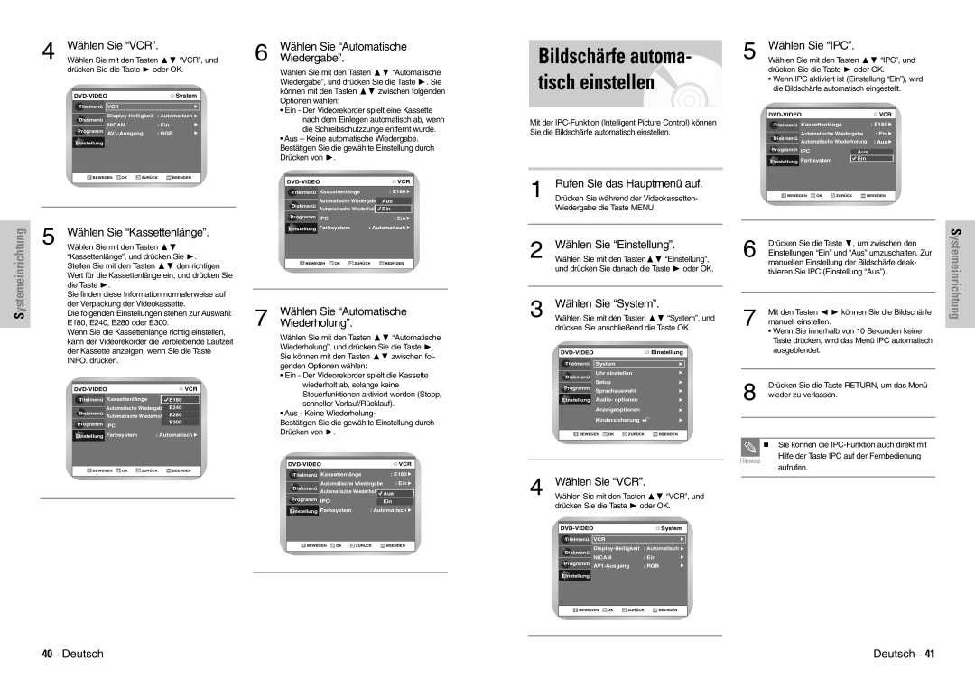 Samsung DVD-VR300E/XEG, DVD-VR300E/COM manual Bildschärfe automa- tisch einstellen, Systemeinrichtung 