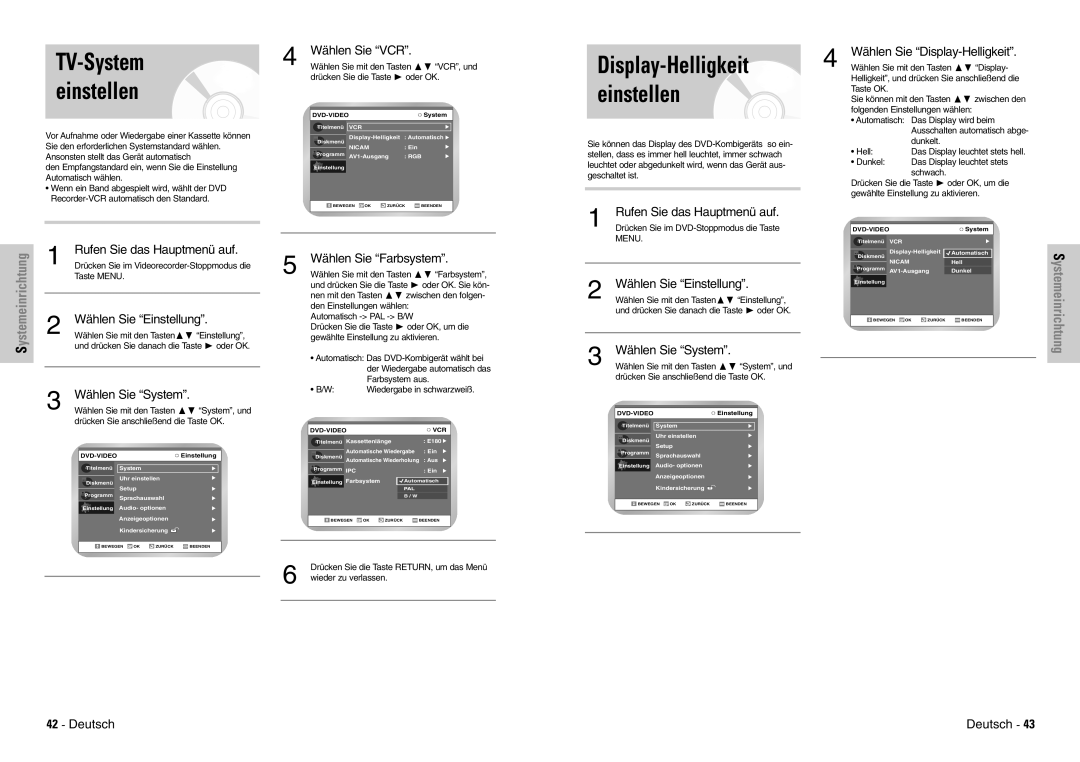 Samsung DVD-VR300E/COM manual Display-Helligkeit 4 einstellen, Wählen Sie Farbsystem, Wählen Sie Display-Helligkeit 