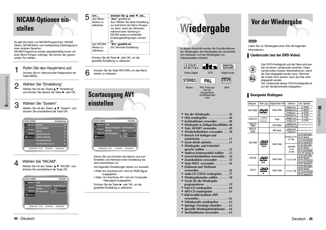 Samsung DVD-VR300E/XEG manual Vor der Wiedergabe, Ländercode nur bei DVD-Video, Geeignete Disktypen, Wählen Sie Nicam 