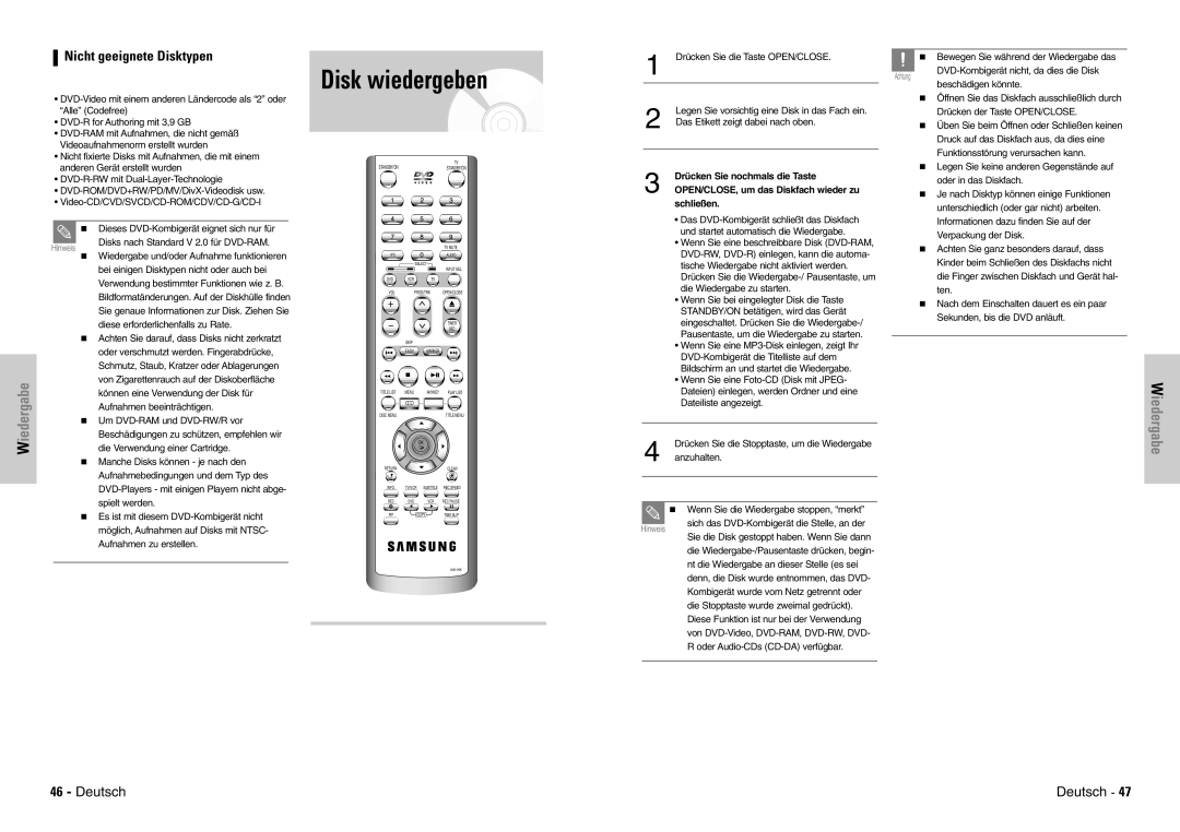 Samsung DVD-VR300E/COM, DVD-VR300E/XEG manual Disk wiedergeben, Wiedergabe, Nicht geeignete Disktypen 