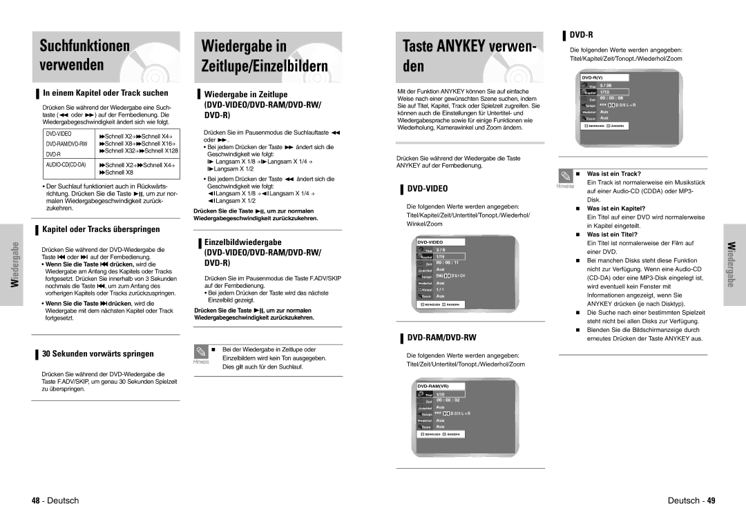 Samsung DVD-VR300E/XEG manual Taste Anykey verwen- den, Suchfunktionen verwenden, Wiedergabe in Zeitlupe/Einzelbildern 