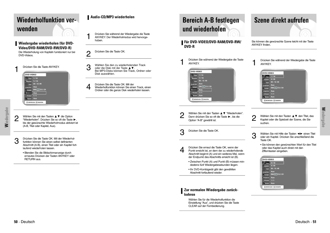 Samsung DVD-VR300E/COM manual Szene direkt aufrufen, Bereich A-B festlegen und wiederholen, Audio-CD/MP3 wiederholen 