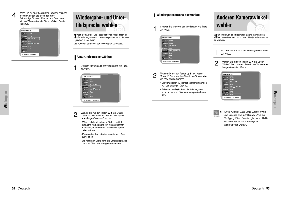 Samsung DVD-VR300E/XEG Wiedergabe- und Unter- titelsprache wählen, Untertitelsprache wählen, Wiedergabesprache auswählen 