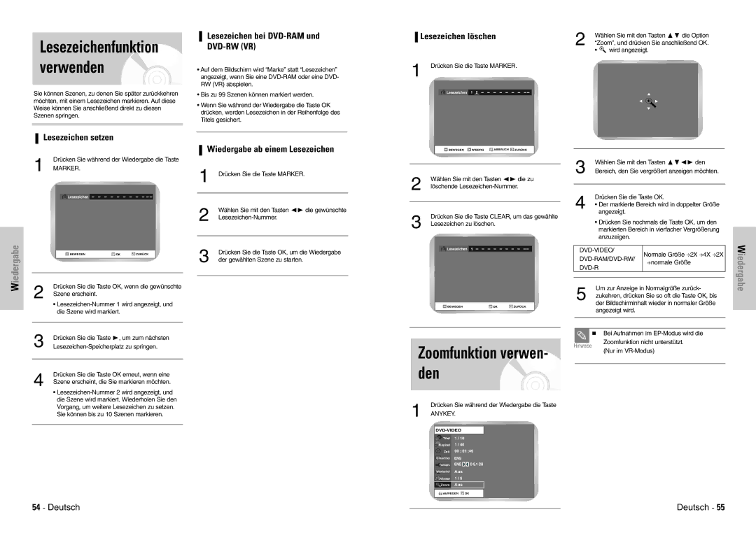 Samsung DVD-VR300E/COM, DVD-VR300E/XEG manual Zoomfunktion verwen- den, Lesezeichenfunktion verwenden 