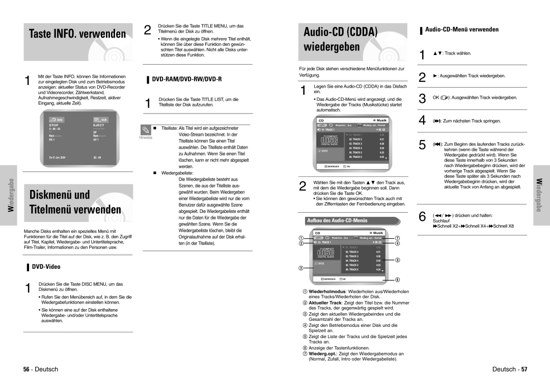 Samsung DVD-VR300E/XEG Audio-CD Cdda wiedergeben, Diskmenü und Titelmenü verwenden, Audio-CD-Menü verwenden, DVD-Video 