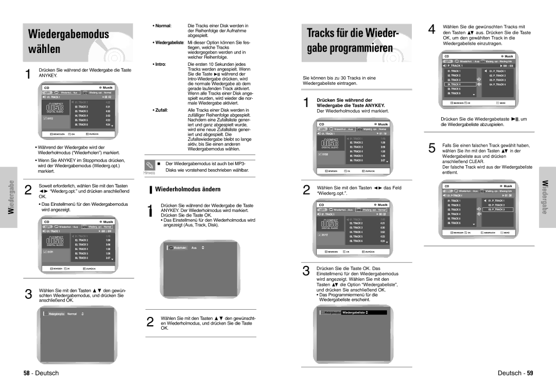 Samsung DVD-VR300E/COM manual Wiedergabemodus wählen, Tracks für die Wieder- gabe programmieren, Wiederholmodus ändern 