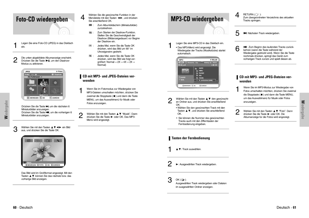 Samsung DVD-VR300E/XEG, DVD-VR300E/COM manual CD mit MP3- und JPEG-Dateien ver- wenden, Tasten der Fernbedienung, Return 