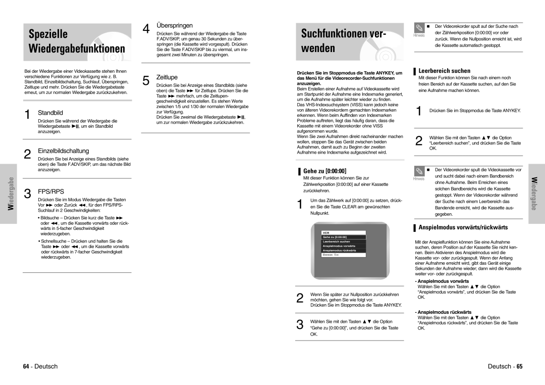 Samsung DVD-VR300E/XEG, DVD-VR300E/COM manual Wenden, Spezielle Wiedergabefunktionen, Gehe zu, Leerbereich suchen 