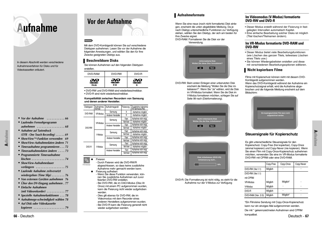 Samsung DVD-VR300E/COM, DVD-VR300E/XEG manual Vor der Aufnahme, Beschreibbare Disks, Aufnahmeformate, Nicht kopierbare Filme 