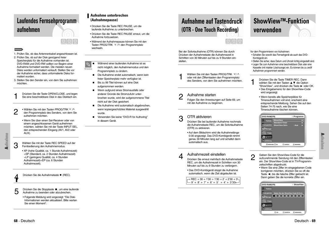 Samsung DVD-VR300E/XEG manual Aufnahme auf Tastendruck, ShowView-Funktion verwenden, Aufnahme starten, OTR aktivieren 