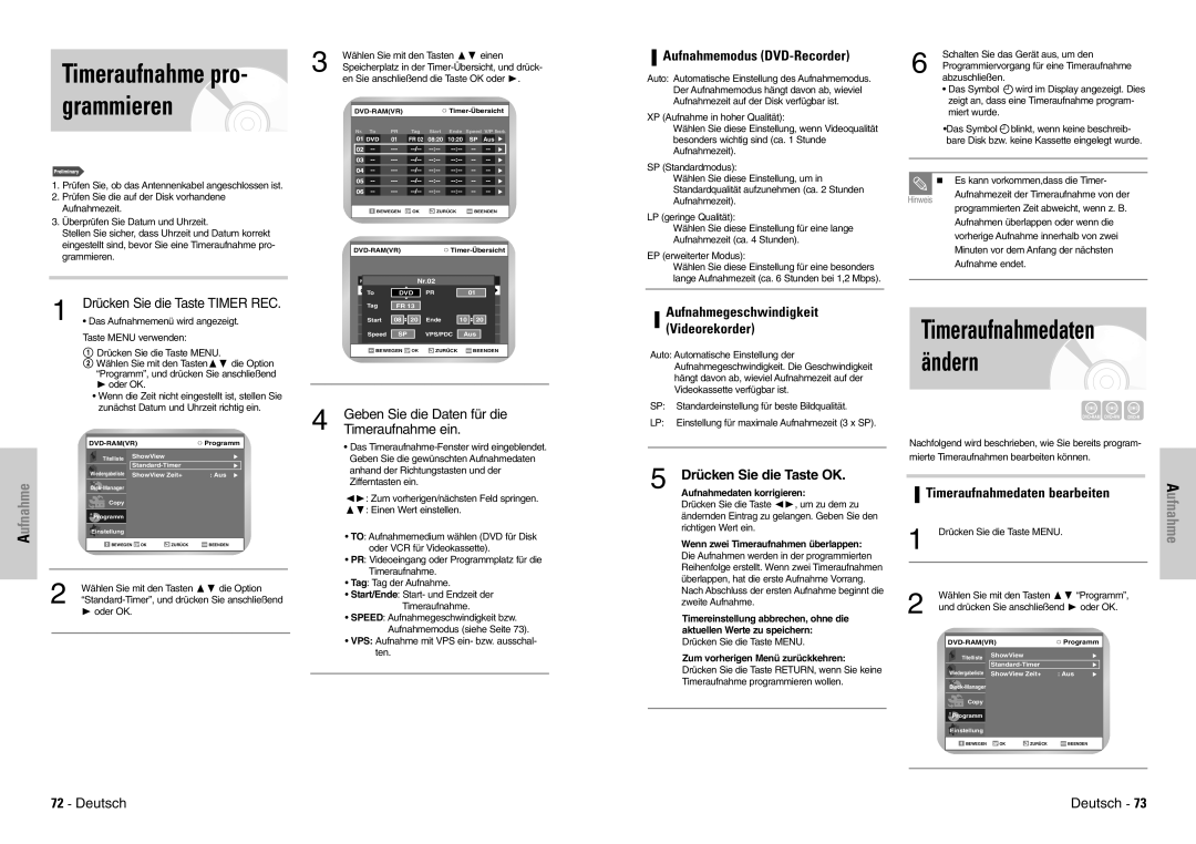 Samsung DVD-VR300E/XEG Aufnahmemodus DVD-Recorder, Timeraufnahmedaten bearbeiten, Aufnahmegeschwindigkeit Videorekorder 