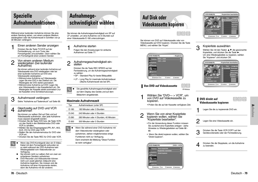 Samsung DVD-VR300E/COM, DVD-VR300E/XEG manual Spezielle Aufnahmege 