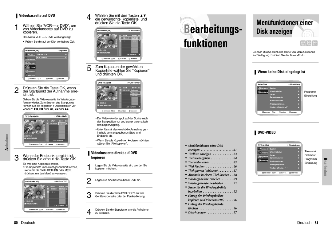 Samsung DVD-VR300E/XEG, DVD-VR300E/COM manual Disk anzeigen, Bearbeiten 