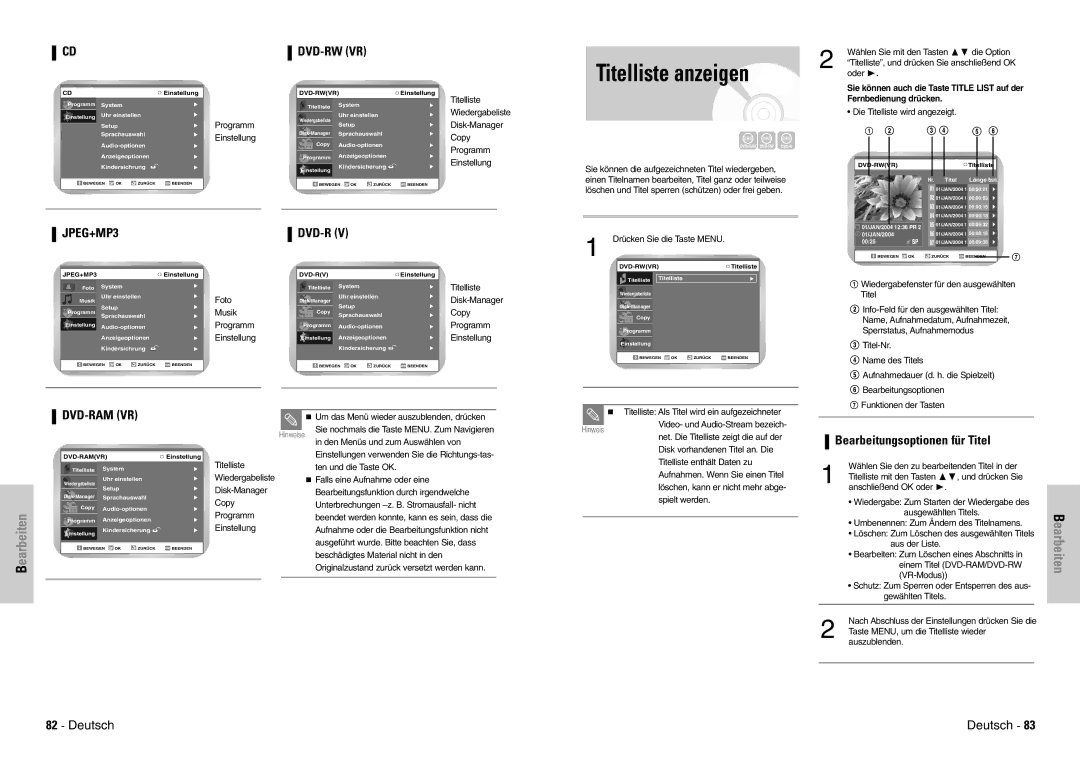 Samsung DVD-VR300E/COM, DVD-VR300E/XEG manual Titelliste anzeigen, Bearbeitungsoptionen für Titel, Fernbedienung drücken 