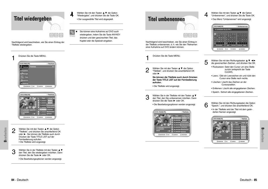 Samsung DVD-VR300E/XEG, DVD-VR300E/COM manual Titel umbenennen, Clear 