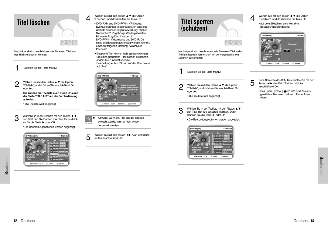 Samsung DVD-VR300E/COM, DVD-VR300E/XEG manual Titel löschen, Titel sperren schützen, Aufrufen, Auf Aus 