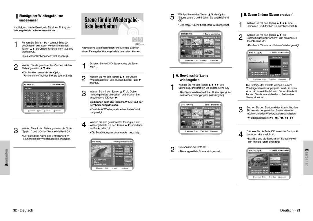 Samsung DVD-VR300E/XEG Szene ändern Szene ersetzen, Einträge der Wiedergabeliste umbenennen, Gewünschte Szene wiedergeben 