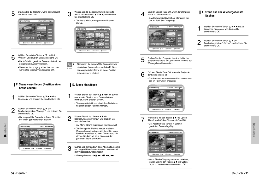 Samsung DVD-VR300E/COM, DVD-VR300E/XEG manual Szene aus der Wiedergabeliste löschen, Szene ändern, Szene hinzufügen 