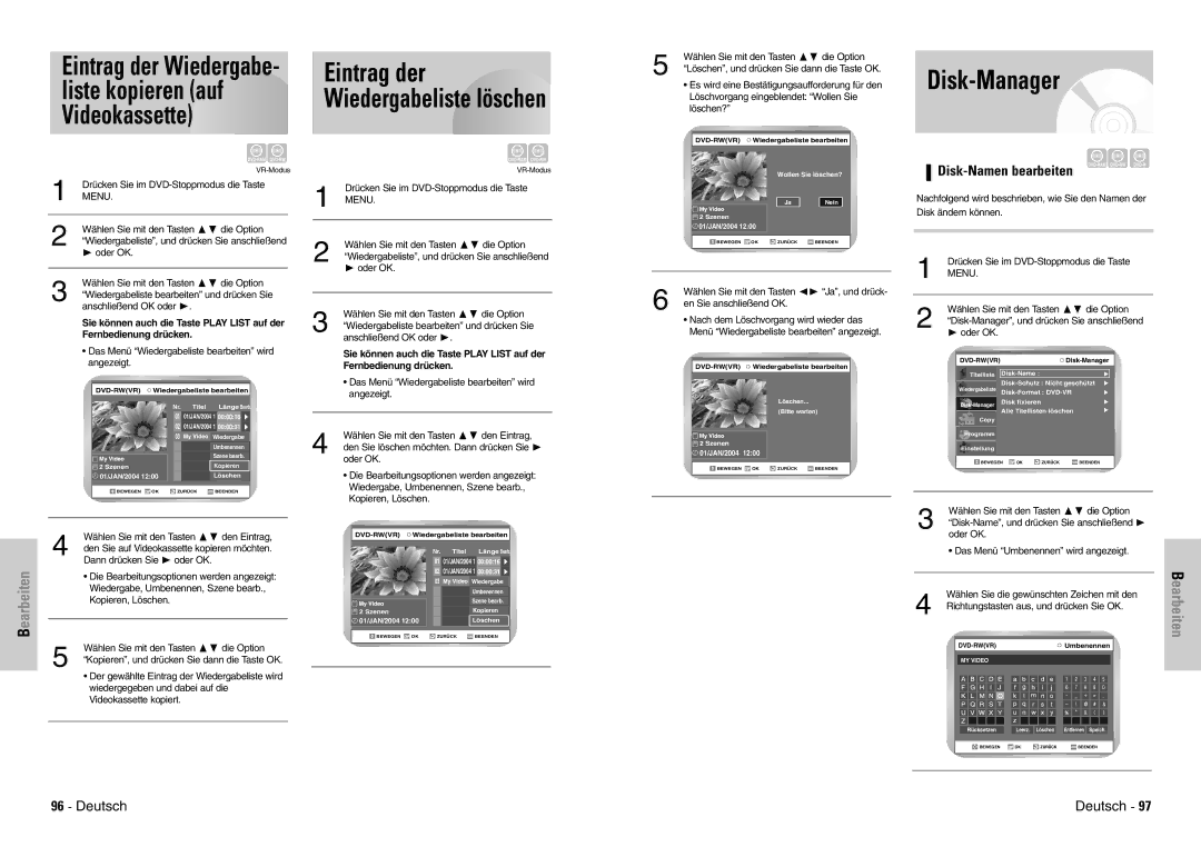 Samsung DVD-VR300E/XEG manual Eintrag der Wiedergabe- liste kopieren auf Videokassette, Eintrag der Wiedergabeliste löschen 