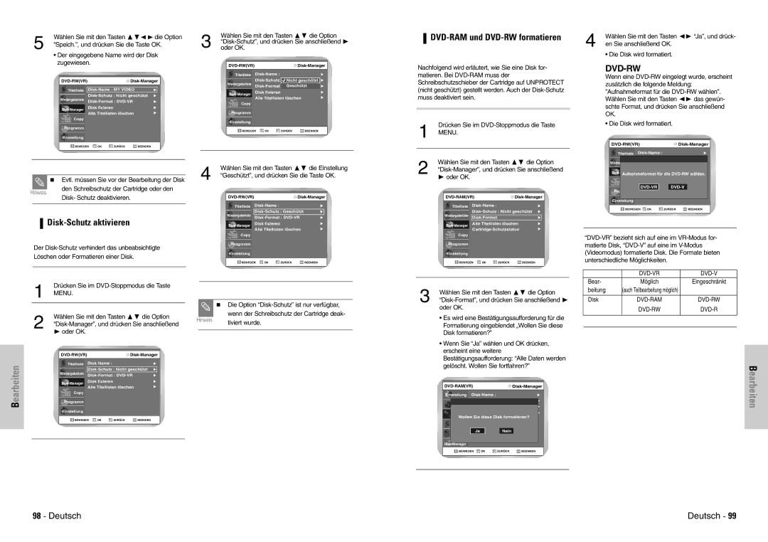 Samsung DVD-VR300E/COM, DVD-VR300E/XEG manual Disk-Schutz aktivieren, DVD-RAM und DVD-RW formatieren, Dvd-Vr 