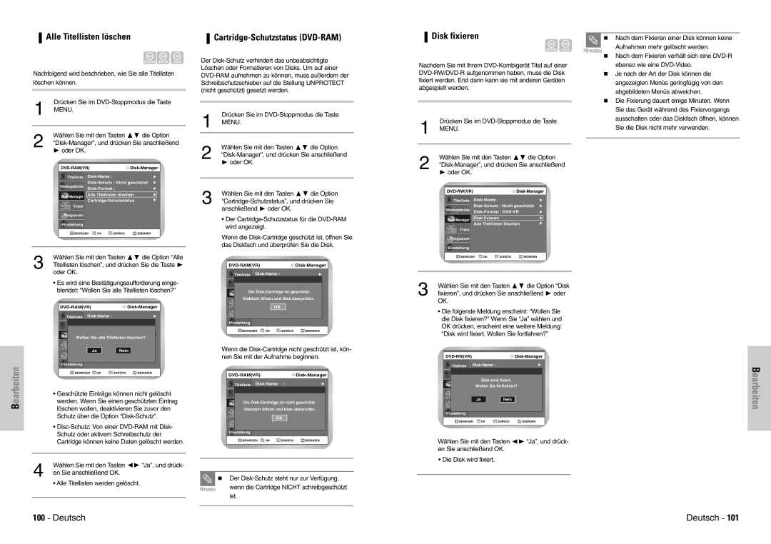 Samsung DVD-VR300E/XEG, DVD-VR300E/COM manual Alle Titellisten löschen, Disk fixieren, Cartridge-Schutzstatus DVD-RAM 