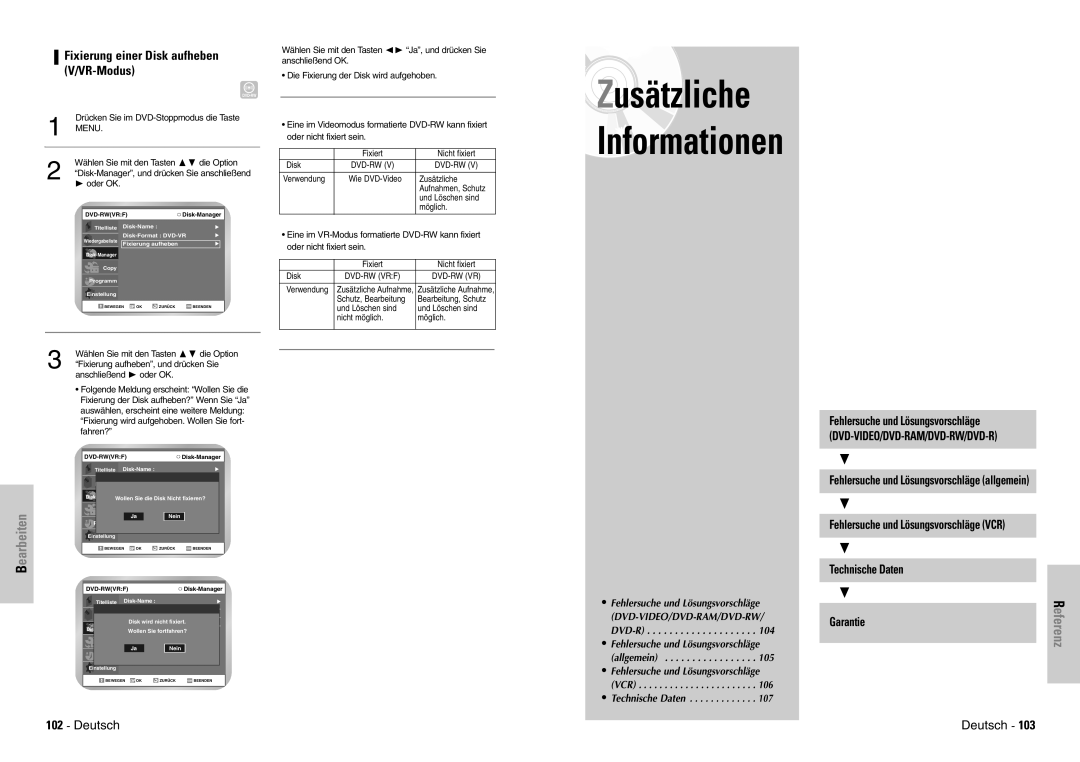 Samsung DVD-VR300E/COM, DVD-VR300E/XEG manual Referenz, Fixierung einer Disk aufheben, VR-Modus, Technische Daten, Garantie 