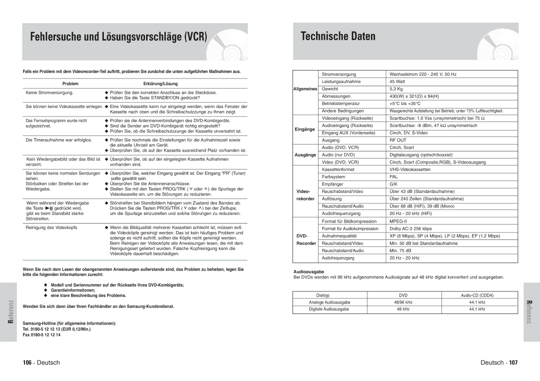 Samsung DVD-VR300E/COM, DVD-VR300E/XEG manual Fehlersuche und Lösungsvorschläge VCR, Technische Daten 