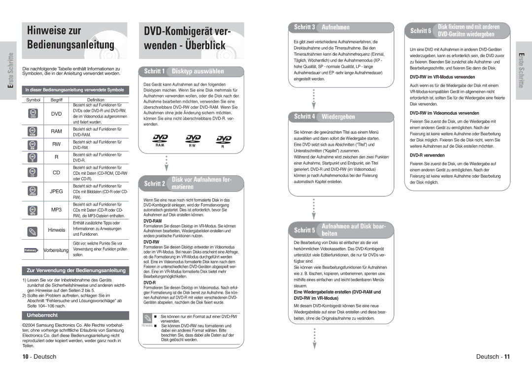 Samsung DVD-VR300E/COM, DVD-VR300E/XEG manual Hinweise zur Bedienungsanleitung, DVD-Kombigerät ver- wenden Überblick, Dvd-Rw 