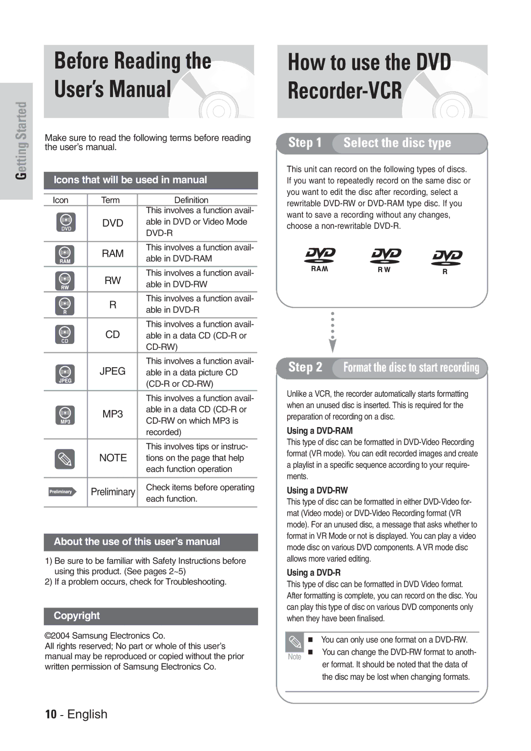 Samsung DVD-VR300E/EUR Before Reading User’s Manual, Icons that will be used in manual 