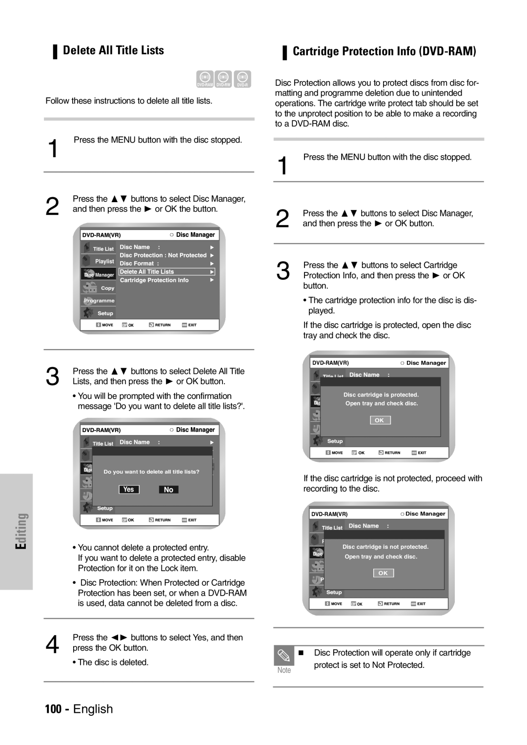 Samsung DVD-VR300E/EUR manual Delete All Title Lists, Cartridge Protection Info DVD-RAM 