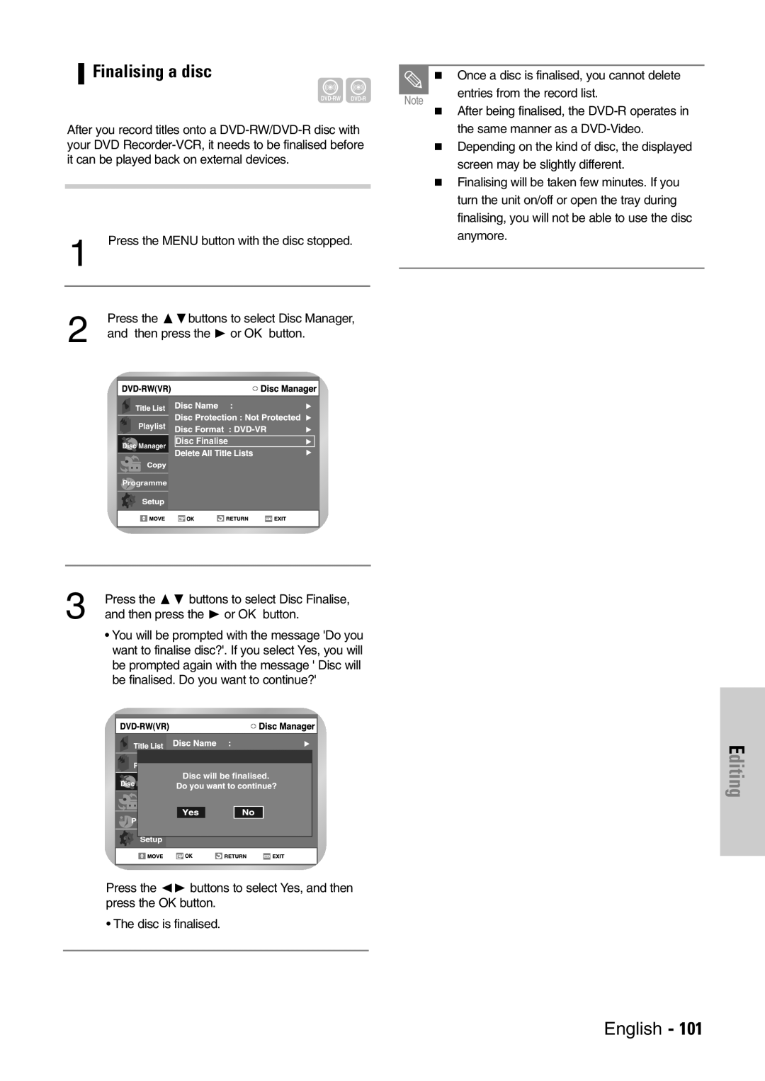 Samsung DVD-VR300E/EUR manual Finalising a disc 