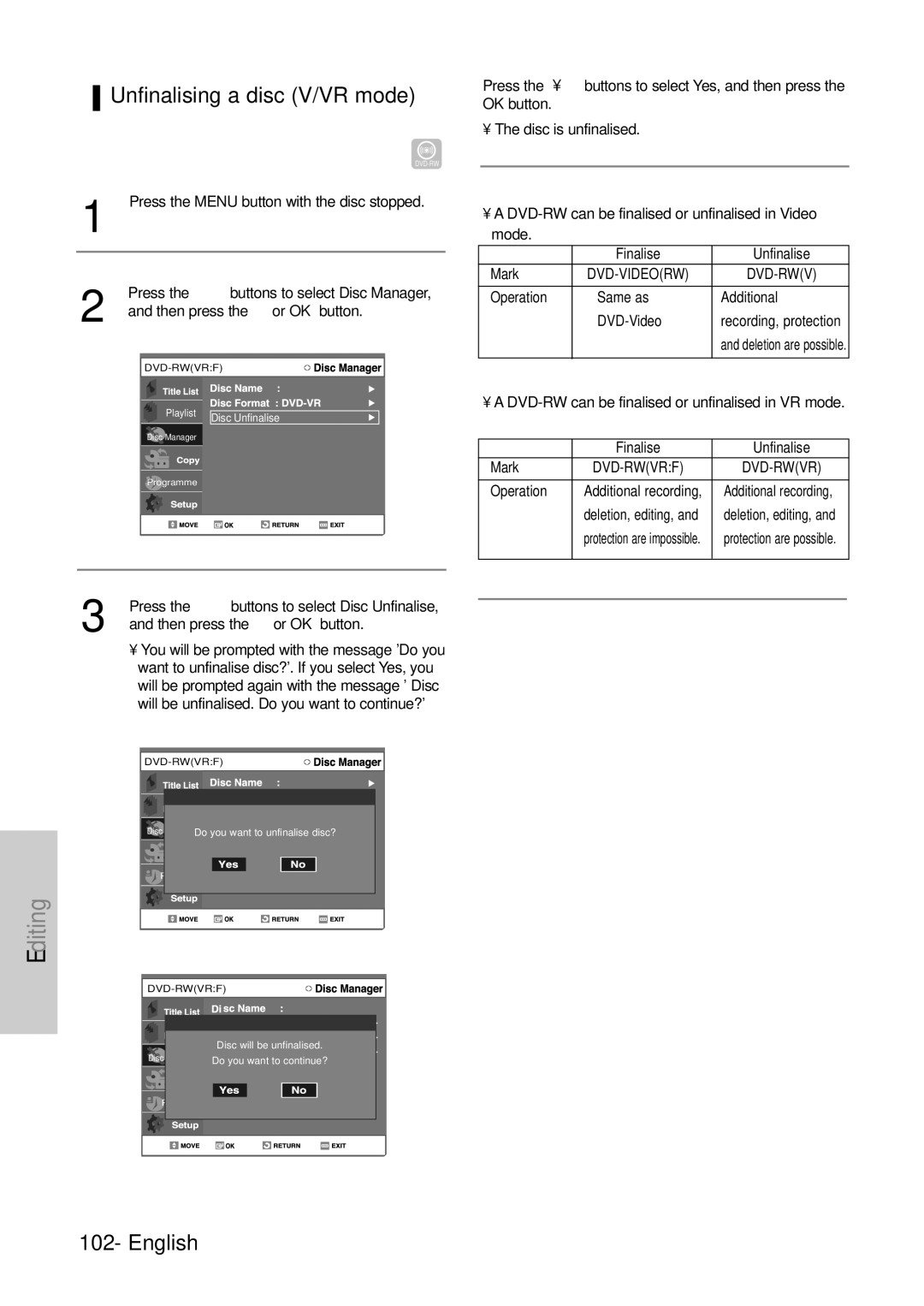 Samsung DVD-VR300E/EUR manual Unfinalising a disc V/VR mode 