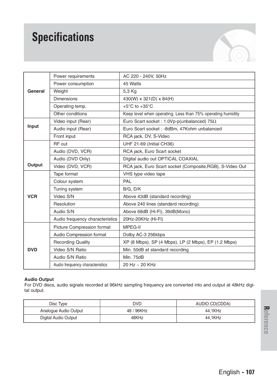 Samsung DVD-VR300E/EUR manual Specifications, General, Input, Audio Output 