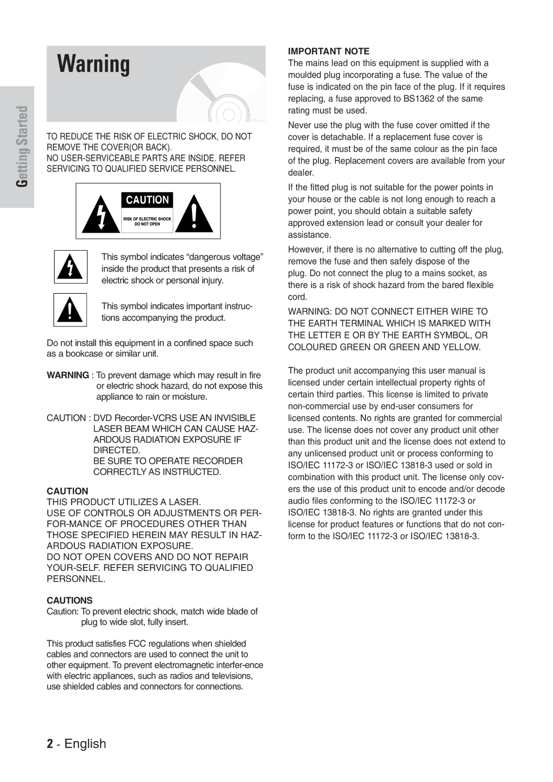 Samsung DVD-VR300E/EUR manual Getting Started, English 