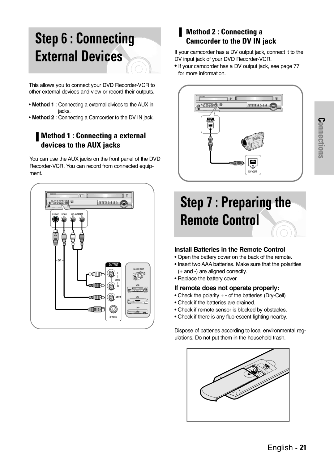 Samsung DVD-VR300E/EUR manual Connecting External Devices, Method 2 Connecting a Camcorder to the DV in jack 