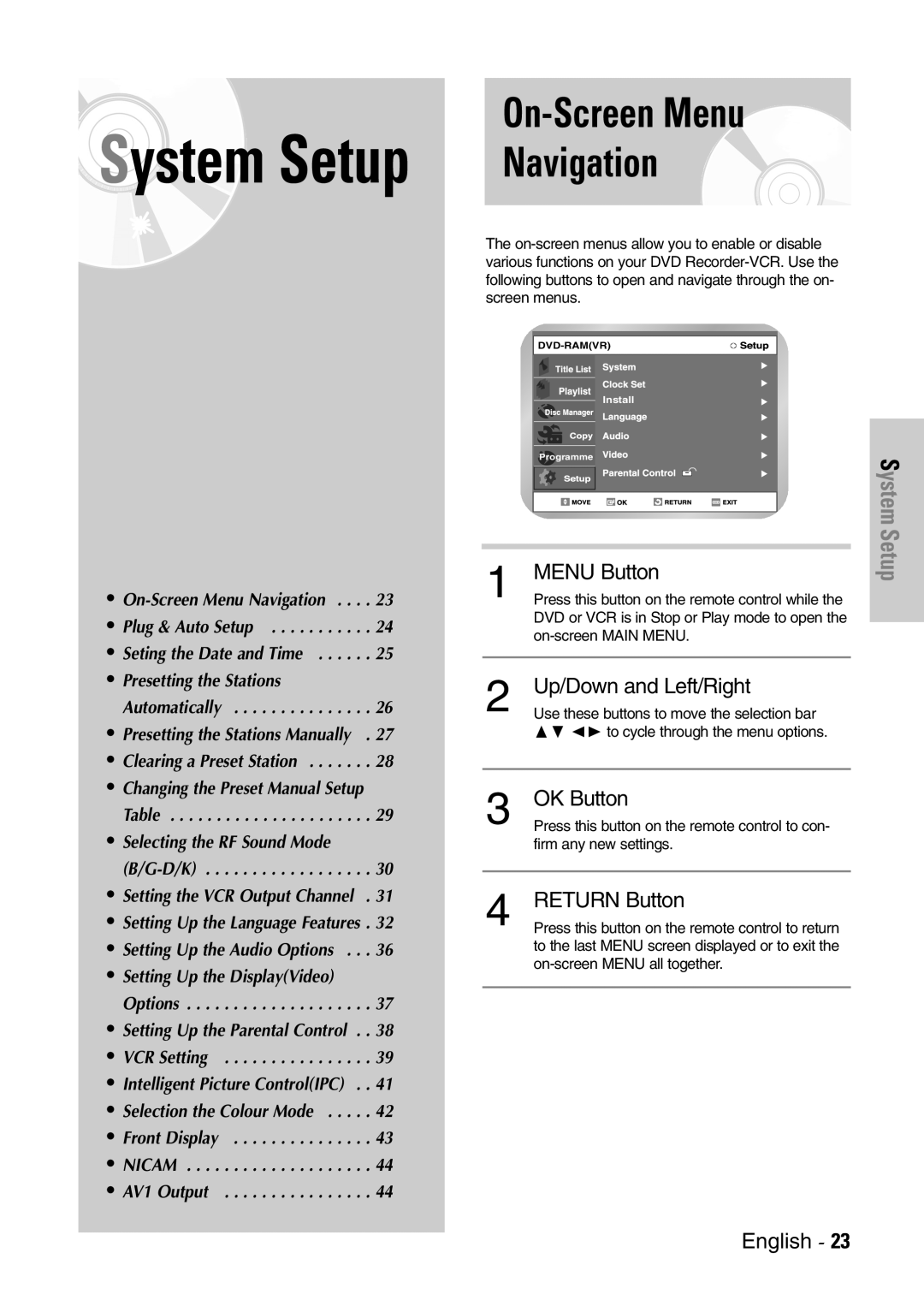 Samsung DVD-VR300E/EUR manual On-Screen Menu Navigation, Menu Button, Up/Down and Left/Right, OK Button, Return Button 