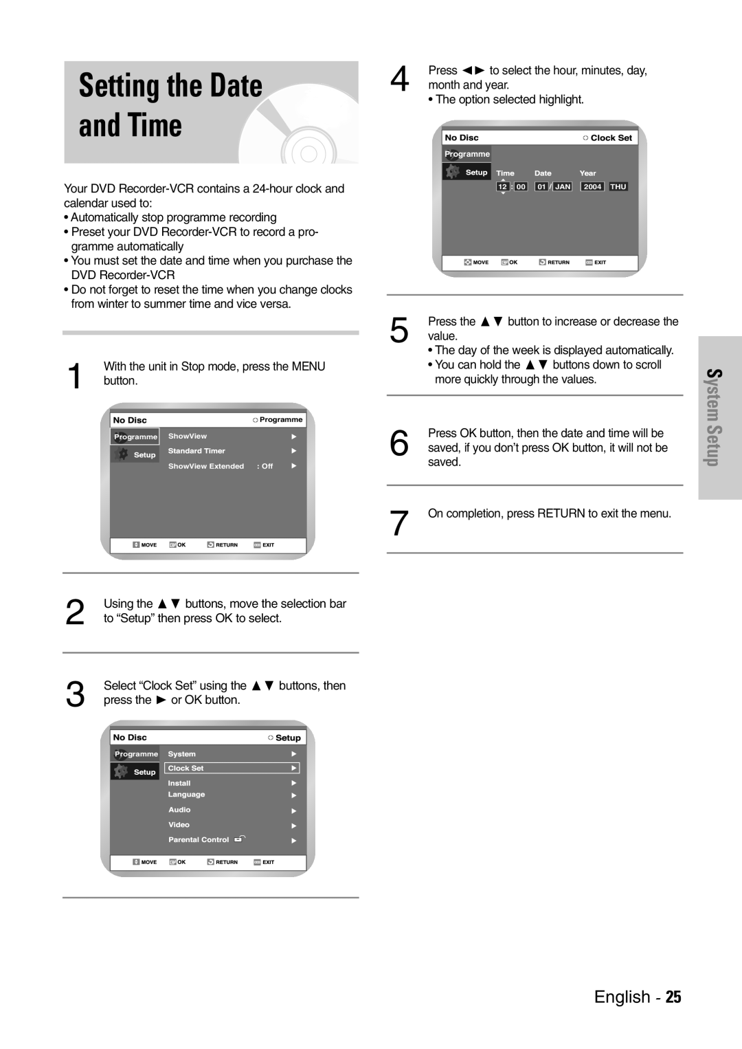 Samsung DVD-VR300E/EUR manual Setting the Date Time 