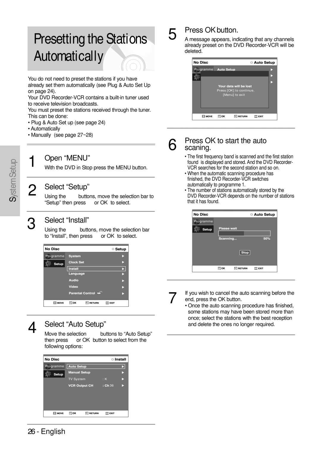 Samsung DVD-VR300E/EUR manual Presetting the Stations Automatically 